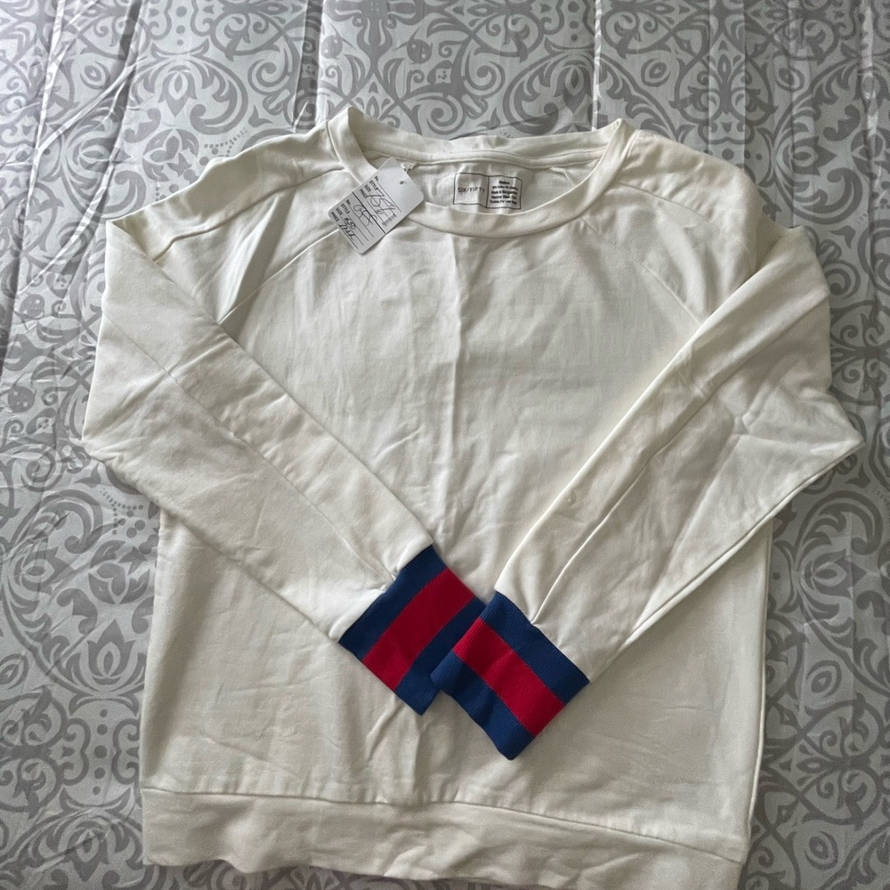 Sixtyfifyclothing White Long Sleeve Shirt with Striped Cuffs